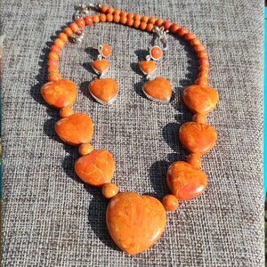 Jay King DTR coral heart necklace and matching earrings 925 Sterling Silver